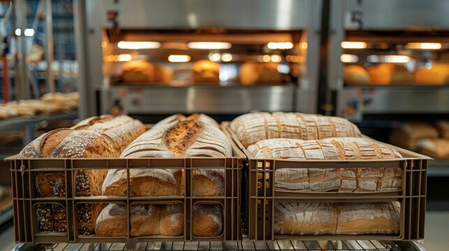 Assorted bread loaves packed in crates, set against a backdrop of large industrial ovens, ready for shipment