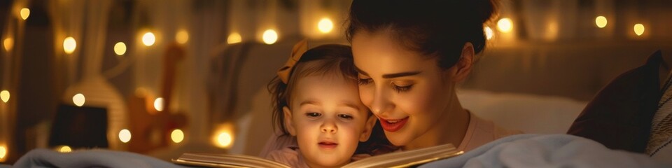 Intimate Evening: Young Mother Reads a Bedtime Story to Her Child Under a Warm Blanket