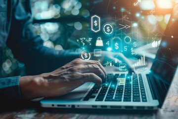 The businessman's hand uses a laptop, pointing to a virtual screen of money bag ICONS, charts or financial development charts, budgets and financial planning concepts.