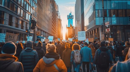 Crowd of Protesters Marching in City Streets