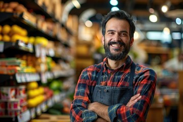 Fototapeta premium Smiling Grocer in Plaid Shirt at Produce Aisle