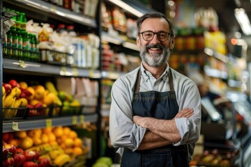 Smiling Grocer in Plaid Shirt at Produce Aisle