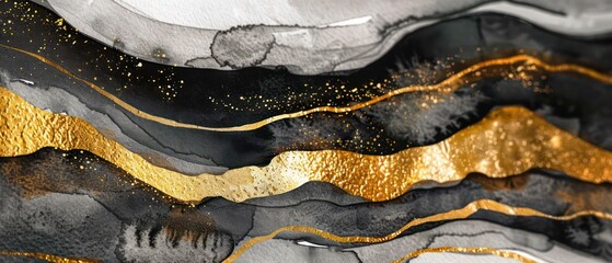 Obraz premium abstract wallpaper with wavy watercolor effects in black and liquid gold, nice texture and very artistic 