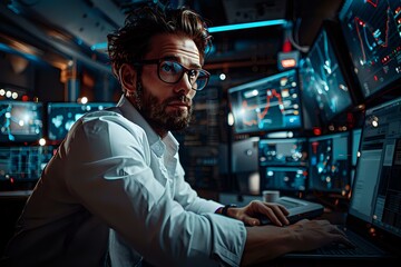 Fototapeta premium Senior Systems Analyst analyzing systems and optimizing performance in IT and Network Administration