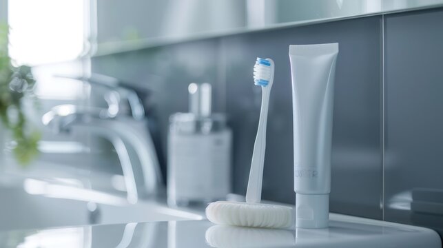 Bathroom sink washbasin with Toiletries soap toothbrush and toothpaste in modern clean