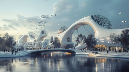 A futuristic cityscape with tall buildings and a large white structure. The buildings are made of glass and metal, giving them a sleek and modern appearance. The sky is cloudy, adding a sense of depth