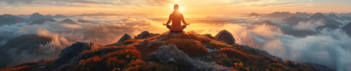 Serene Morning Meditation: Young Adult Meditating at Sunrise on a Hilltop, Symbolizing Peace and...