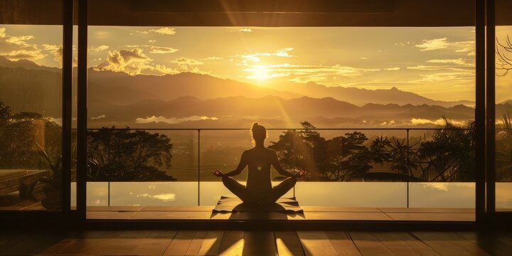 Silhouetted Yoga Practitioner Meditating at Sunrise on Scenic Mountain Vista Balcony - Powered by Adobe
