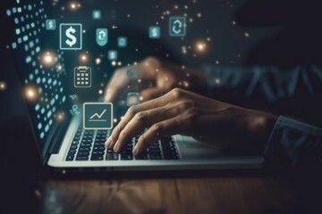 The businessman's hand uses a laptop, pointing to a virtual screen of money bag ICONS, charts or financial development charts, budgets and financial planning concepts.
