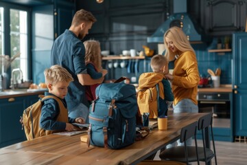 Energetic Morning in a Family Kitchen: Parents Preparing Young Children for School with Backpacks and Lunches