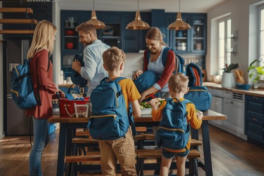 Busy Morning: Young Family Prepares for School Day in Sunlit Kitchen, Parents Packing Lunches