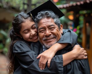 Fototapeta premium Joyful Latino Graduate Celebrates with Family in University Courtyard, Unified by Achievement and Happiness