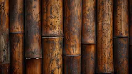 Fototapeta premium Close up of the natural patterns and textures of brown bamboo wood Detailed view of the trunk of a bamboo plant and its wooden poles creating a vintage seamless background for walls or fenc