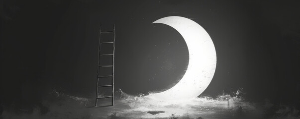 Ladder reaching up to crescent moon over water, surreal black and white art. Dreamlike fantasy concept
