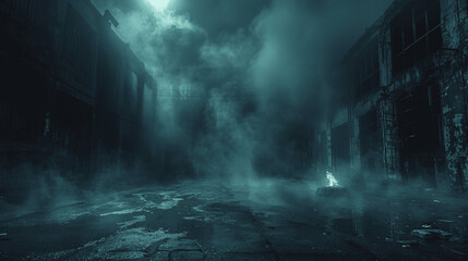 Fototapeta premium Dark Empty Street with Abandoned Warehouse and Burning Fire Pit