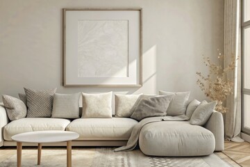 Photo mockup, living room with light grey sofa and small wooden coffee table near window