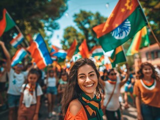 Joyful Multicultural Group Celebrating Diversity with International Flags in a Sunny Urban Park