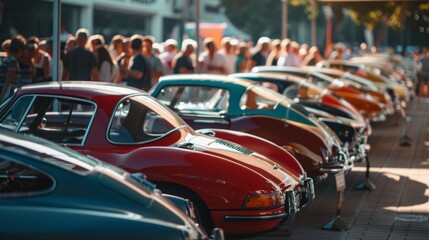 Naklejka premium Line of vibrant classic cars displayed at an outdoor car exhibition, with a crowd of people admiring the vehicles on a sunny day. 