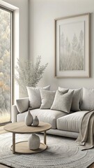 Fototapeta premium Photo mockup, living room with light grey sofa and small wooden coffee table near window