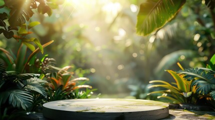 podium in tropical jungle with amazing light, very vibrant an lush foliage and blurred background to enhance the foreground
