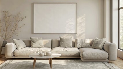 Fototapeta premium Photo mockup, living room with light grey sofa and small wooden coffee table near window