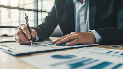 Naklejka premium a person engaged in work at a desk. The person is dressed in business attire, wearing a dark suit jacket over a light blue shirt. Their hands are focused on handling a pen and some papers