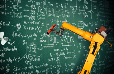 MLP Robot arm AI analyzing mathematics for mechanized industry problem solving. Concept of robotics...