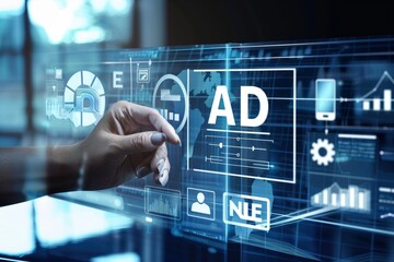 Digital marketing is the concept of selling online, where merchants use laptops to display ads on a glass screen on a virtual transparent background,