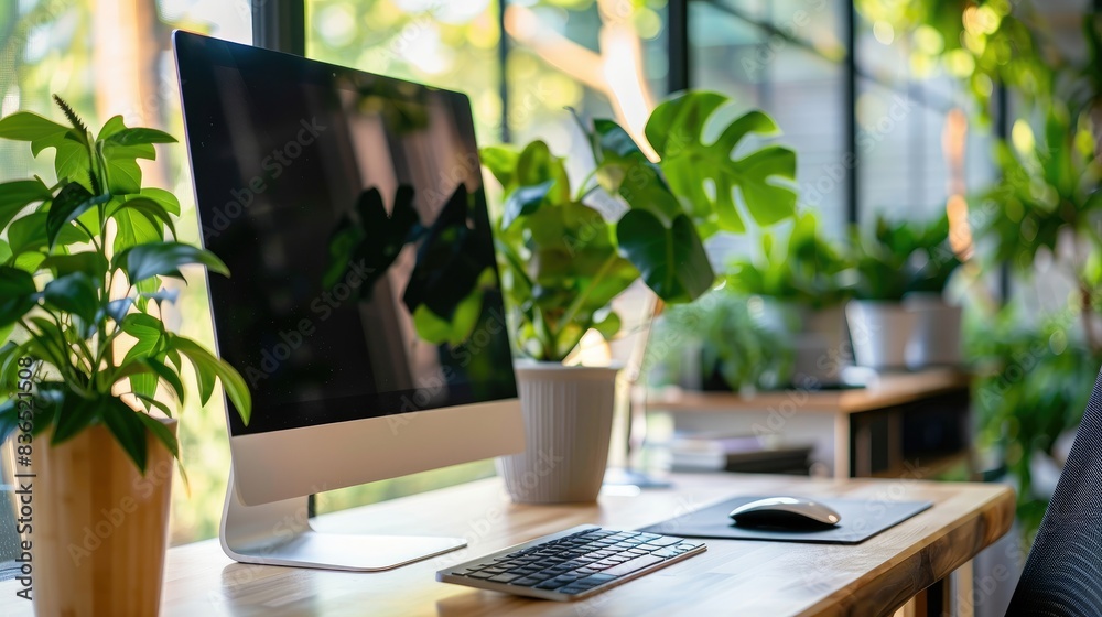 Poster modern workspace with a desktop computer and plant, providing an open area on the desk for text
