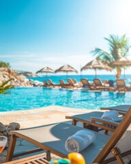 Obraz premium Serene Luxury Resort Experience: Infinity Pool and Beachside Cabanas Capturing Daylight Leisure in a Picturesque Tourist Destination