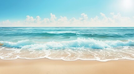Sandy beach with gentle waves, providing space for text in the clear sky area