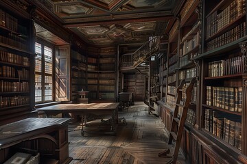 An antique library with rows of wooden bookshelves filled with old books