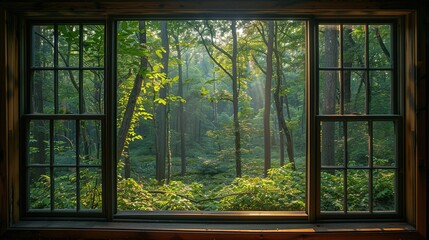 Window offers an amazing view of the forest with serene beauty beyond. Serene, calm aesthetic atmosphere. Generative AI
