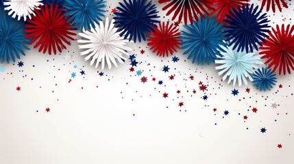 Festive red, white, and blue paper decorations and confetti on a white background, perfect for celebrating Independence Day and other patriotic events.