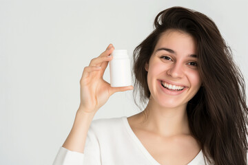 A smiling young Woman with a white jar in her hand on a white background. Photos for advertising medicines and biologically active additives.