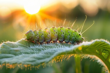 Fototapeta premium A close-up of a caterpillar on a leaf in a grassy field, with the sun shining in the background, creates a tranquil natural setting.