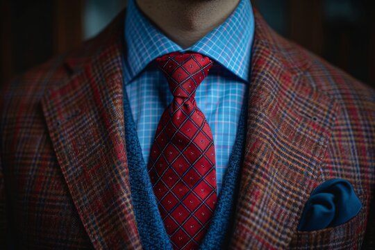 A close-up of a person wearing a red checkered blazer, a blue shirt, and a red tie creates a stylish and sophisticated ensemble.