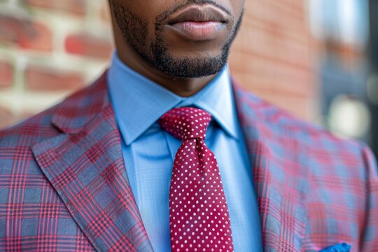 A close-up of a person wearing a red checkered blazer, a blue shirt, and a red tie creates a stylish and sophisticated ensemble.