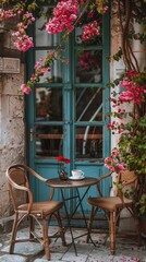 Obraz premium Two chairs stand beside a table adorned with a cup of coffee and beautiful flowers, evoking a charming ambiance perfect for European travel. Ideal for travel stock photography.