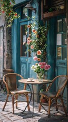 Two chairs stand beside a table adorned with a cup of coffee and beautiful flowers, evoking a charming ambiance perfect for European travel. Ideal for travel stock photography.






