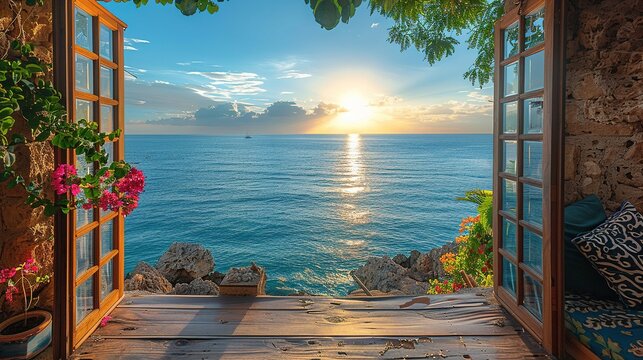 Fototapeta The open window of the villa offers a view of the sea. An idyllic picture of relaxation and tranquility. Generative AI