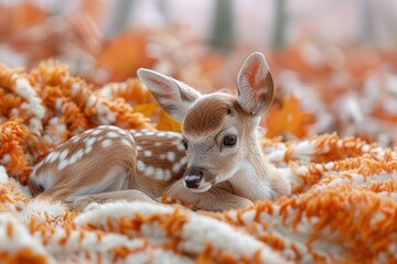 A young fawn with brown and white fur rests on a pile of orange and white fur beside the forest.
 - Powered by Adobe