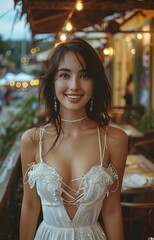 Naklejka premium Stunning brunette in white satin dress poses elegantly in garden at night holding pearl purse