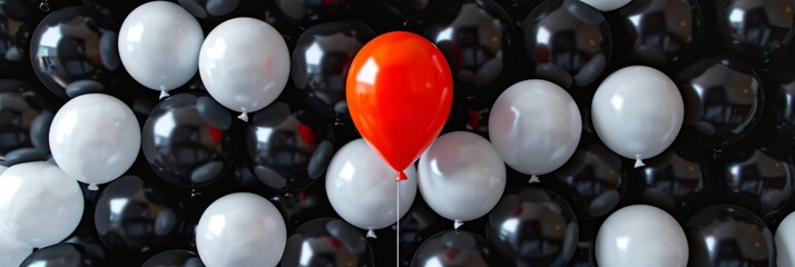 Standing Out: One Red Balloon Among Black and White Ones Symbolizing Uniqueness in a Group