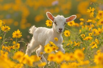 A white baby goat frolics through a vibrant field of yellow wildflowers, creating a bright and cheerful scene perfect for a summer travel stock photo.



