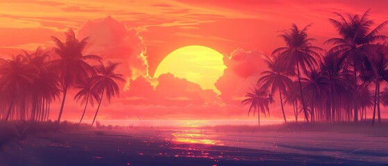 sunset and palm trees with a sun silhouette retro wallpaper design, very 80's with muted cool colors

