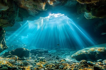 An underwater cave is illuminated by sunlight streaming through the water, casting a mesmerizing glow on the rocks within, creating a serene and enchanting scene.






