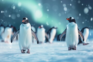 Fototapeta premium Penguins on ice under the northern lights in a snowy forest. Christmas magic in a winter wonderland.