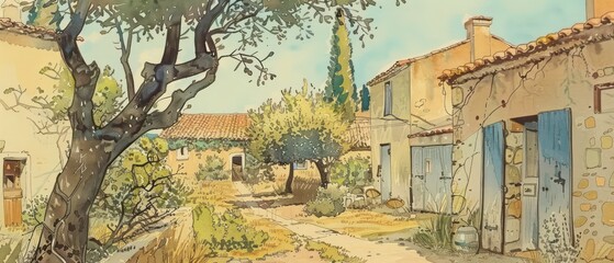 wallpaper illustration of rural courtyards, very artistic with warm watercolors 
