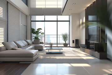 Fototapeta premium Contemporary Elegance, Clean Lines, Functional Simplicity, Neutral Palette, Streamlined Design, Minimal Furnishings, Open Space, Light-filled Rooms, Seamless Integration, Subtle Accents, Natural Mater